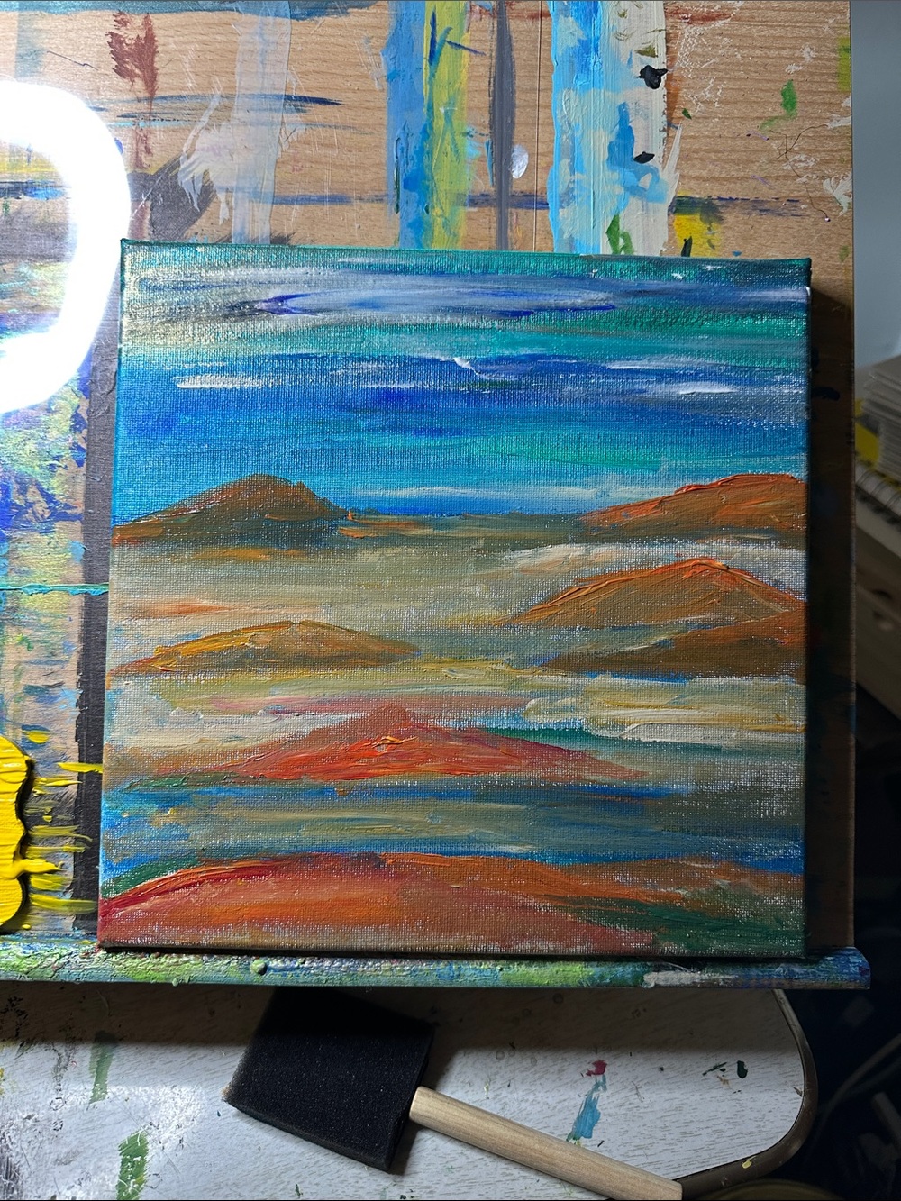 Contemporary Landscape Painting in Blue, Teal & Orange Hues